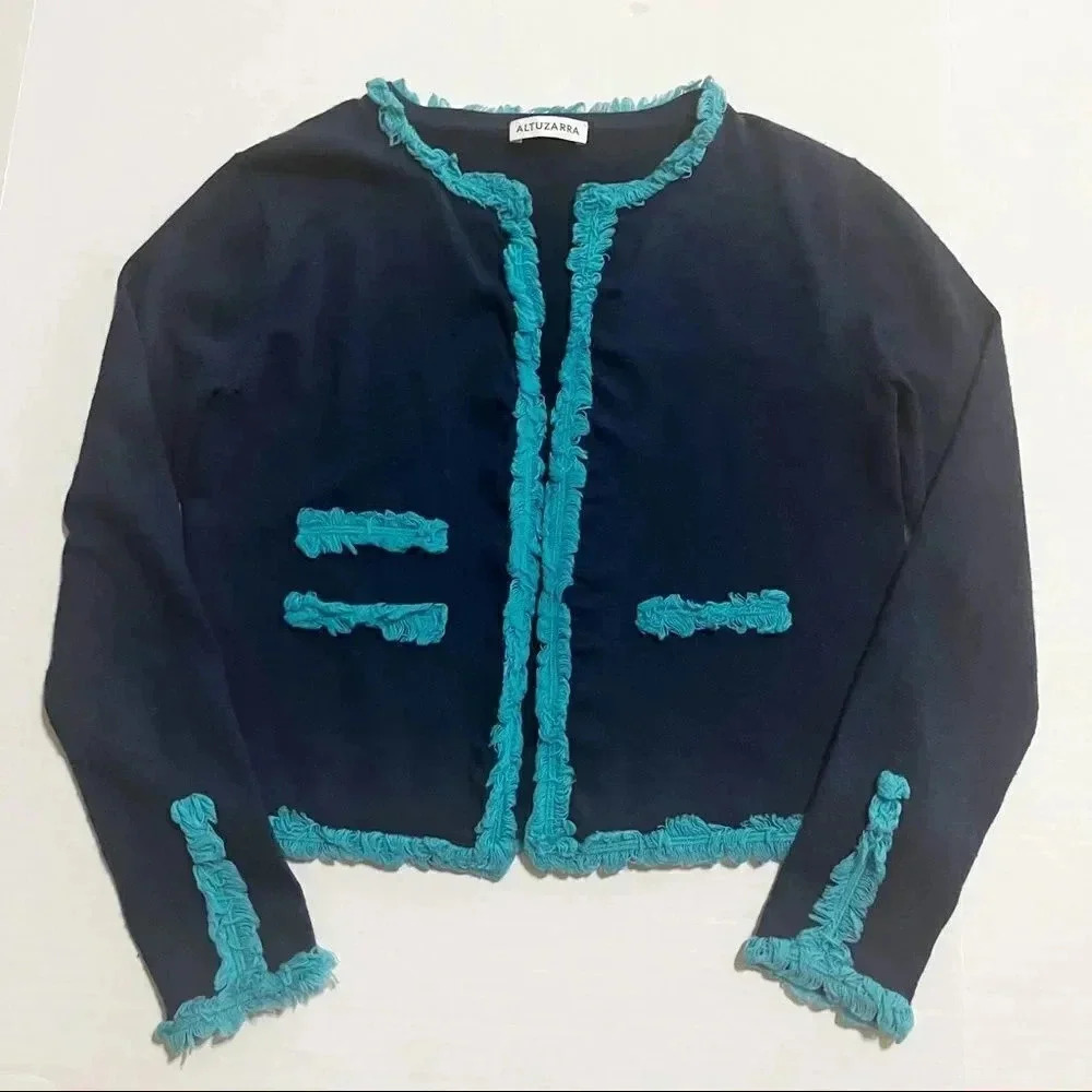 Altuzarra  Open  Front Navy Blue Turquoise Trim Cardigan S M